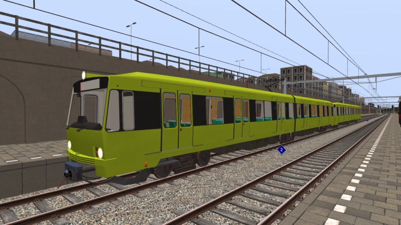 A modified SG2 EMU (for use on the normal rail network) makes its call at Simvliet West with the westbound service.