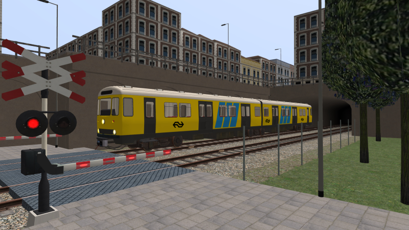 Nederlandse Spoorwegen DMU arrives at Simvliet Poort with the terminating service from Simvliet Centraal in July 1987.