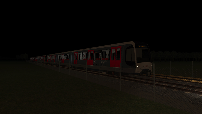 Metro Rijndam HSG3 comes out of the dark countryside as the Transferium Rijndijk to Rijndam Airport M4 Line train <br />approaches 's Gravendijk on the evening of 15th January 2020.