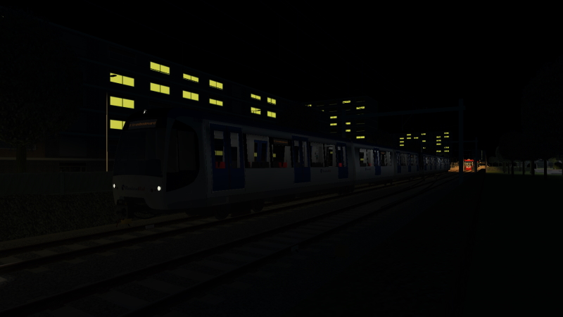 RanstadRail RSG3 EMU with the Simvilet Centraal to Strandboulevard Line D train pulls out of Zoutplas Campus on the evening of Wednesday 30th March 2022.