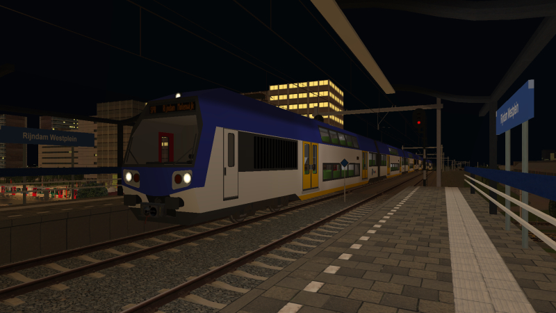 Rijndam Rail RR-DDM EMU approaches Rijndam Westplein on the late evening of 19th July 2020 while forming the 23:05 Noordvliet to Rijndam Molenwijk.