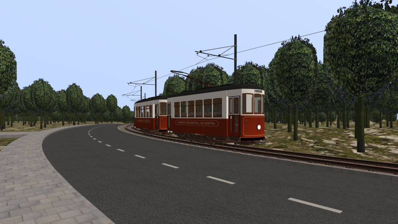 Simtra Municipal Tramway cars 4 and 14 approaches Avenida de Lisboa while working the De Praia to Estacion de Tren <br />service during the early evening of 22nd August 2021.