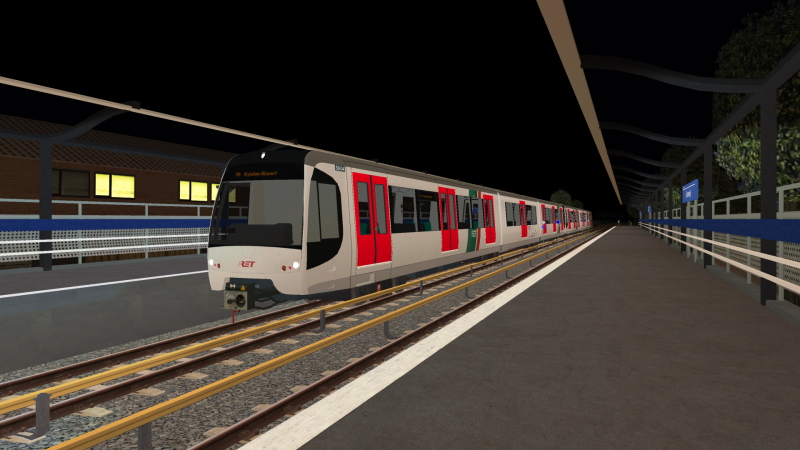 RET SG3 EMU arrives at 's Gravendijk on the late evening of Sunday 28th August 2022 as it forms the M4 Line service to Rijndam Airport.