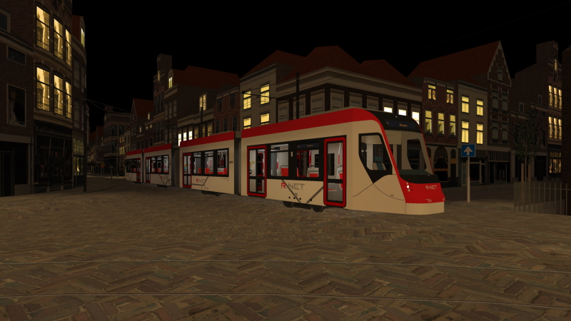 R-NET Avenio tram with the Line 15 service to Haven drives through the Sunday night deserted street at Centrum (Hageningen) on the evening of Sunday 25th September 2022.